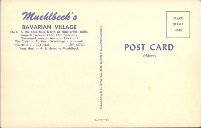 Alcona Brew Haus (Muehlbecks Bavarian Village) - Old Postcard Back